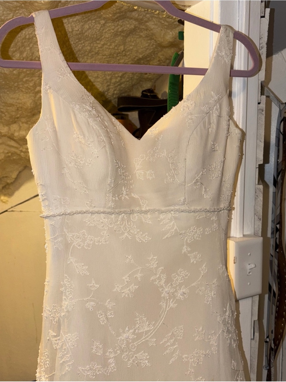Vintage Silk Ivory Floral embroidered beaded waist Vneck Wedding Dress